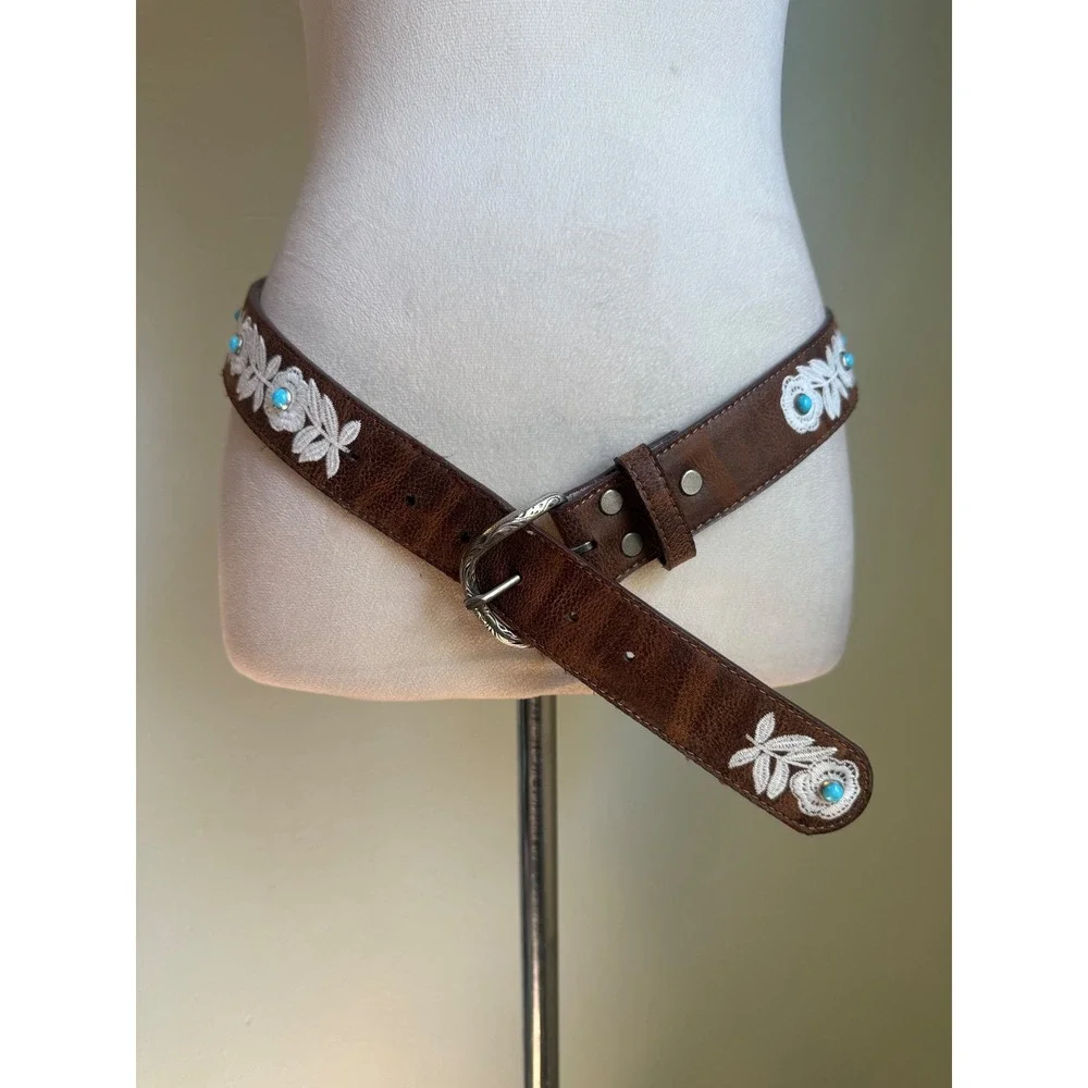 Western Brown Leather Floral Embroidered Belt Turquoise Stud boho cowgirl y2k